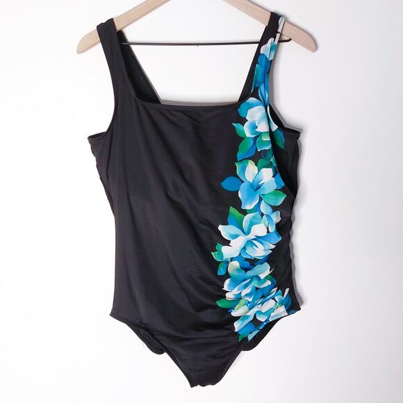 Miraclesuit 16 Blue Black Slimming Tropical Floral One Piece Swimsuit - Picture 1 of 6